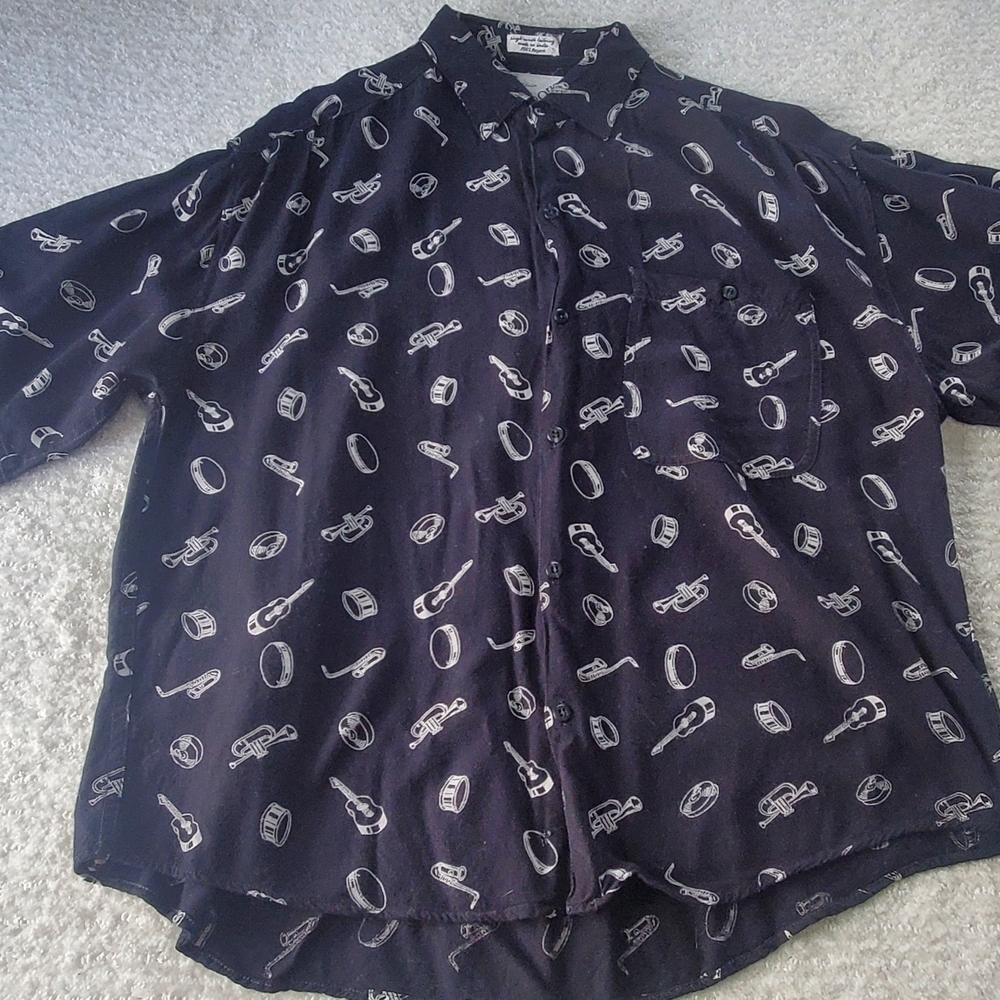 Vintage Goouch Black White Musical Instruments Short Sleeve Button-Up Shirt